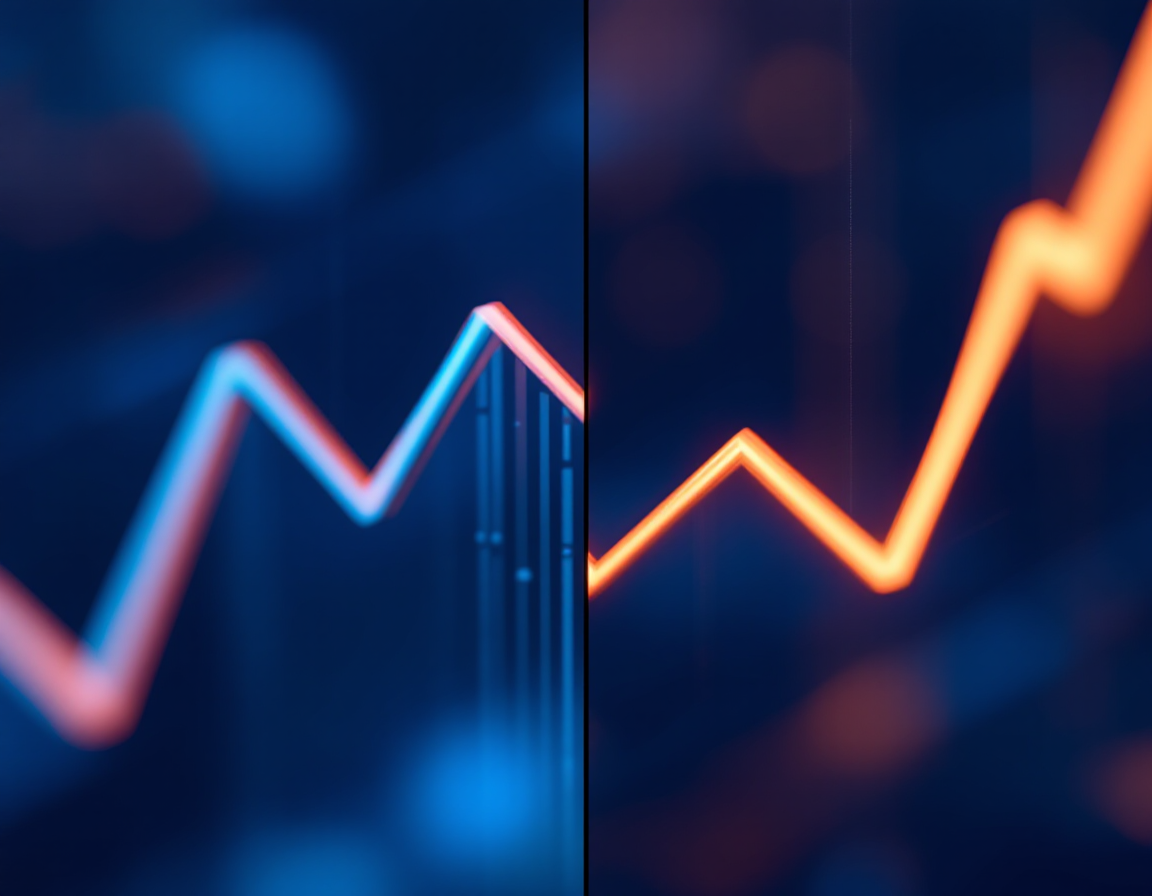 Split-screen conceptual image: left side shows ascending graph line in cool blue, right side shows descending line in warm