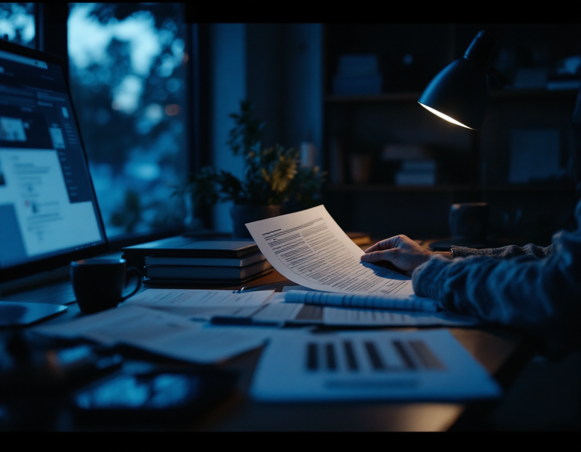 Moody interior shot of a modern workspace at dusk, person reviewing documents on desk with soft window light, selective