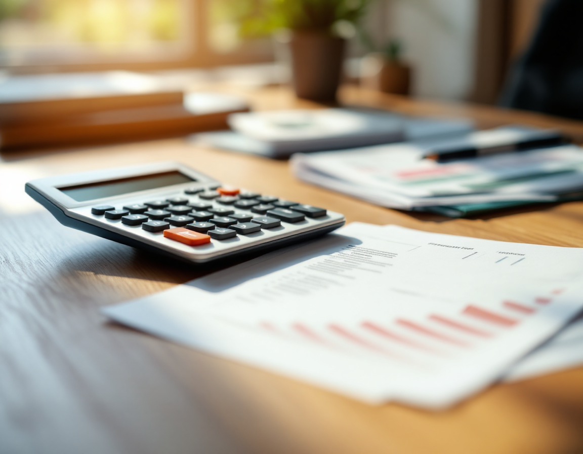 Close-up of calculator and financial documents on wooden desk, natural window light casting soft shadows. Neutral colour