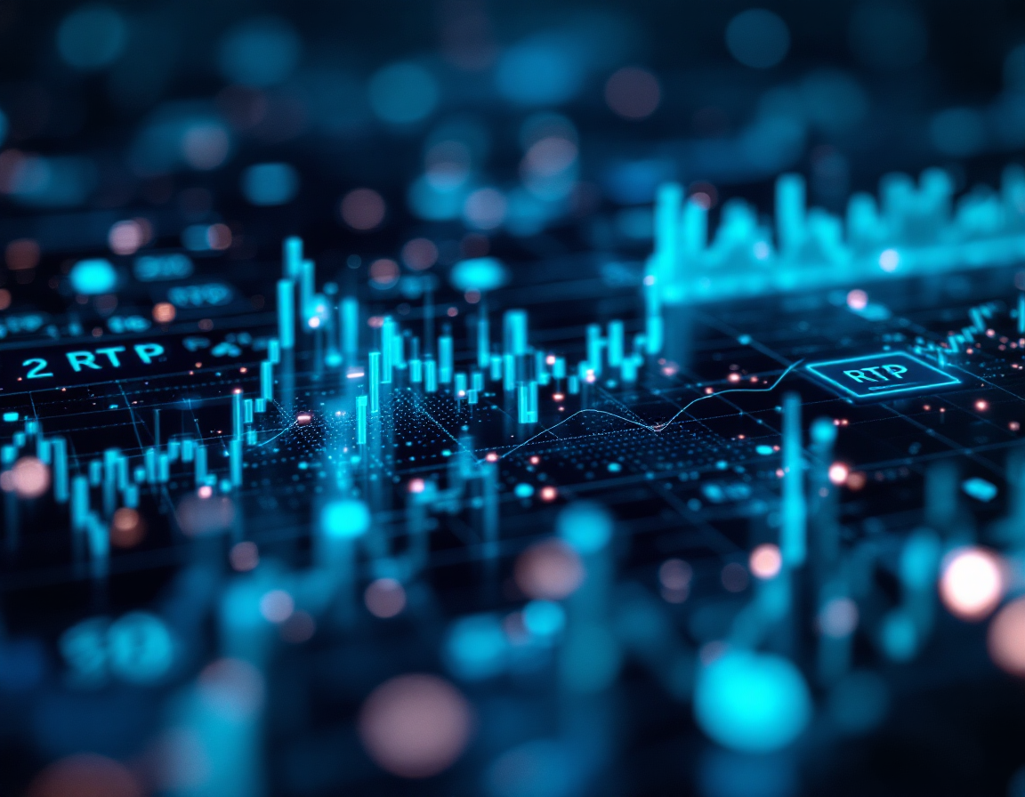 Abstract visualization of data streams and statistical graphs on dark background. Soft blue and teal neon accents. Bokeh