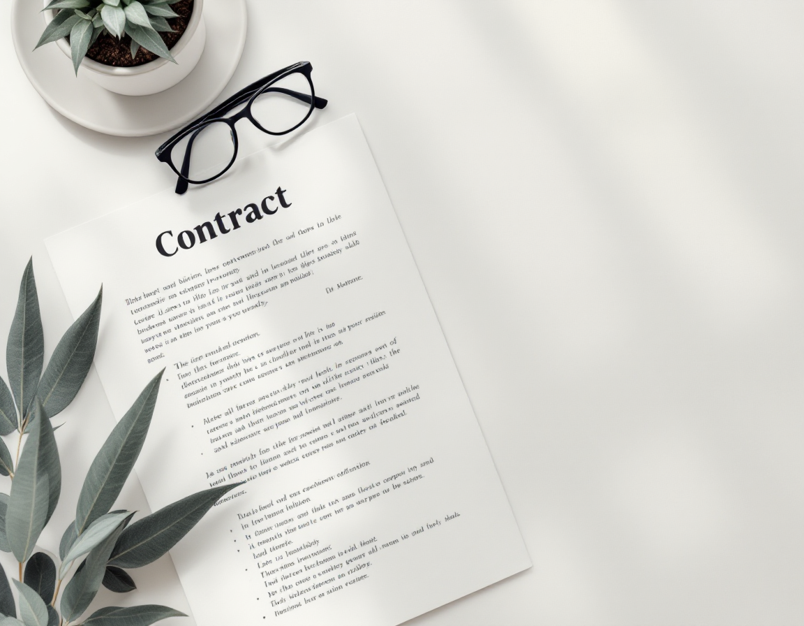 Overhead flat-lay of contract documents and reading glasses on neutral background. Soft natural light. Muted grey and cream