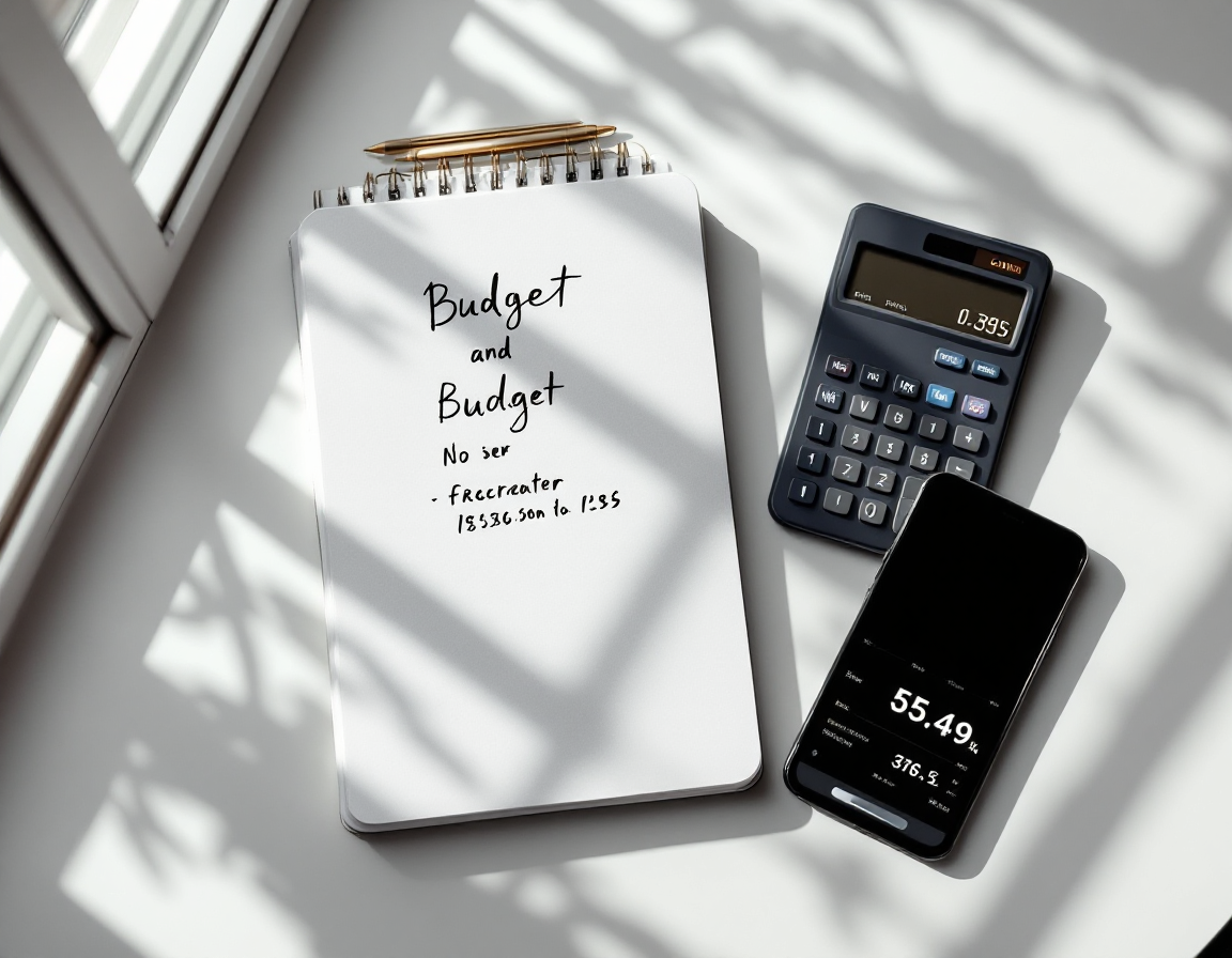 Overhead flat-lay composition of a notebook with handwritten budget notes, calculator, and smartphone showing game