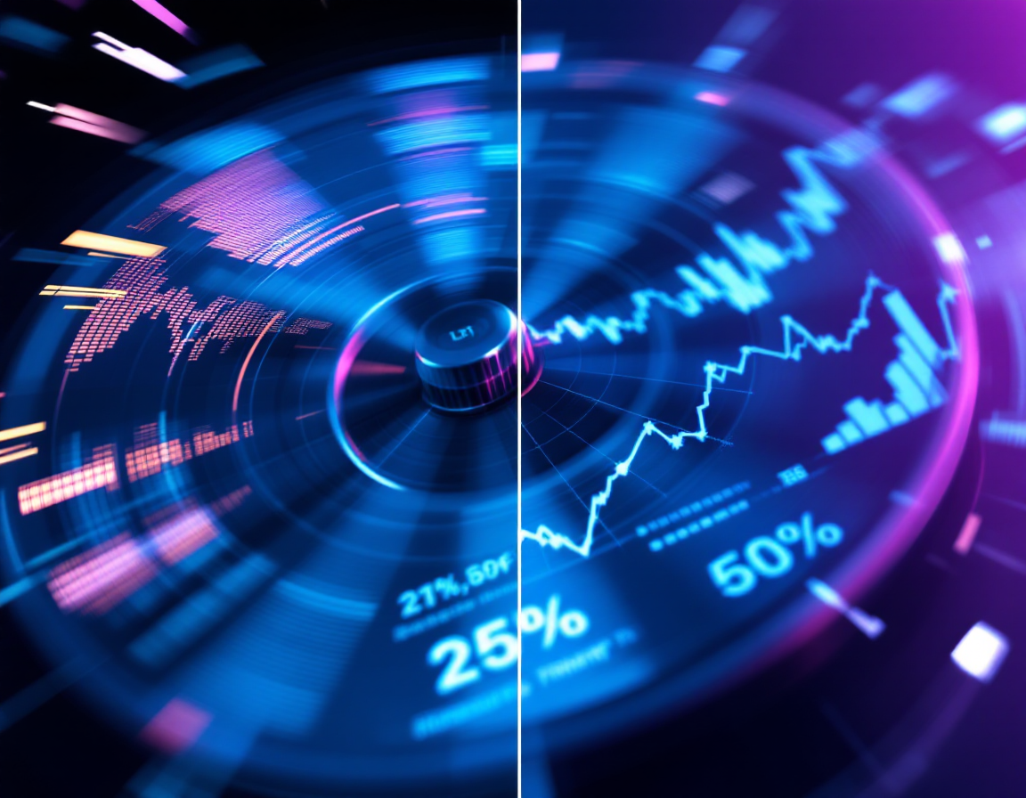 Split-screen conceptual visualization: left side shows a spinning reel in motion blur, right side shows a digital graph with