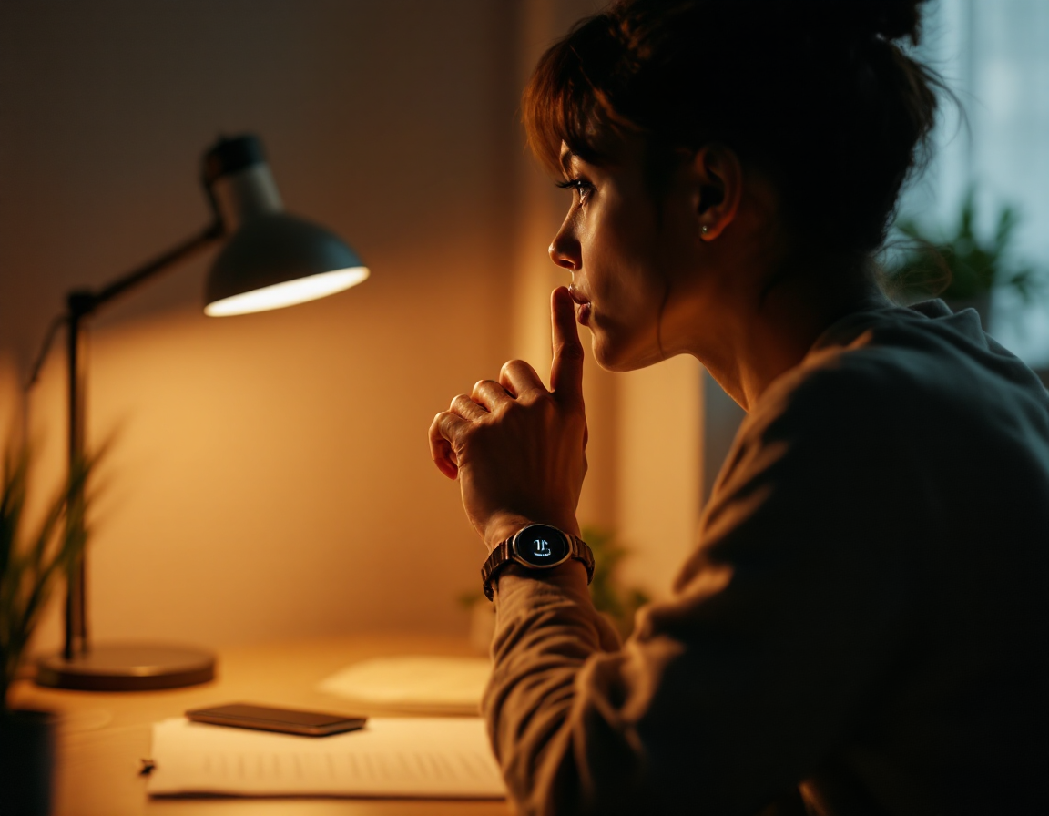 Conceptual image of a person in profile sitting at a desk, hand raised in a thoughtful gesture, with a smartphone on the
