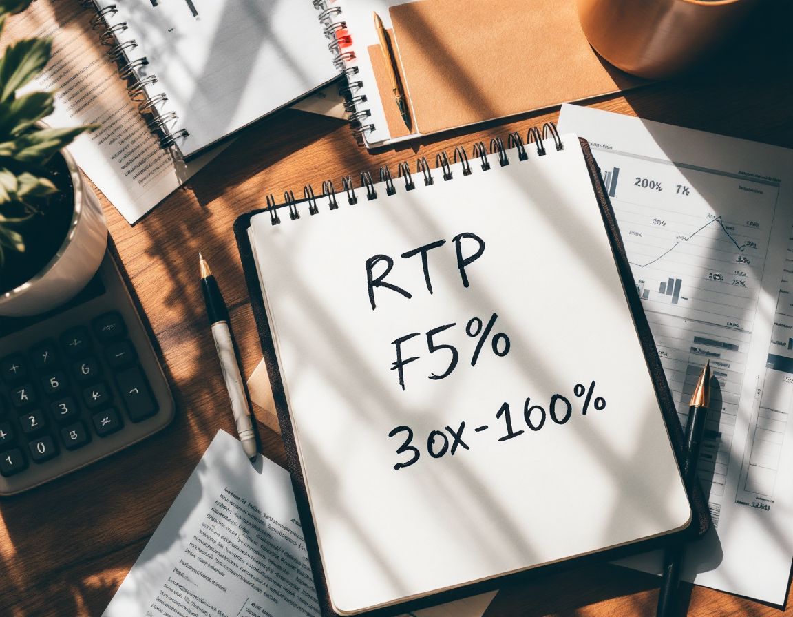 Overhead flat-lay of a notebook with handwritten notes about RTP percentages, a calculator, and financial planning documents