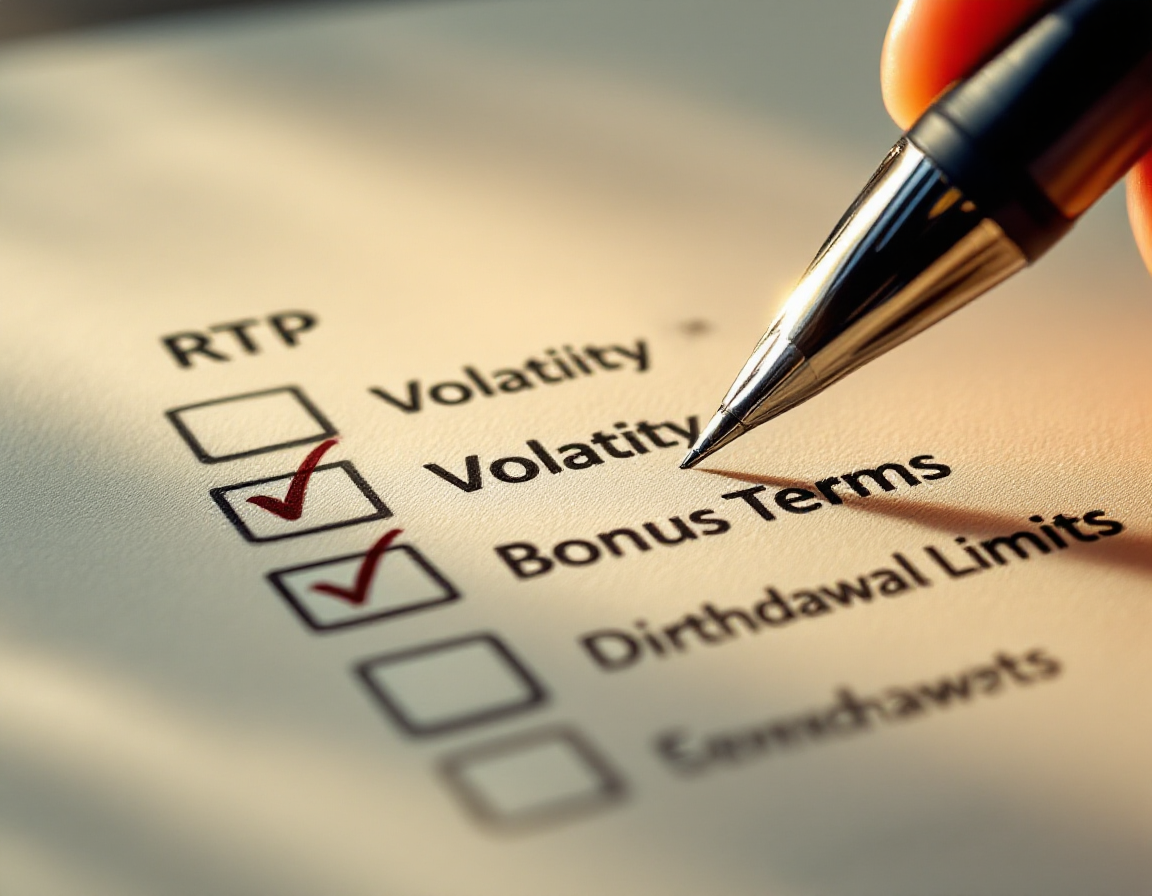 Detailed close-up of a checklist being marked with a pen, showing items like 'RTP', 'Volatility', 'Bonus Terms', and