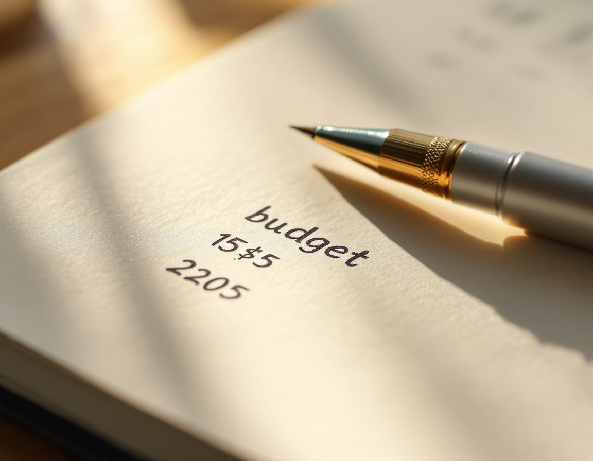 Close-up of a notebook with handwritten budget figures and a pen, soft natural window light from the left, shallow focus on