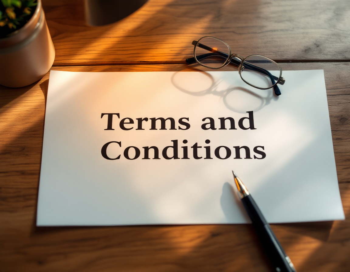 Overhead flat-lay of a document with terms and conditions text, reading glasses, and a pen on a wooden desk. Warm desk lamp