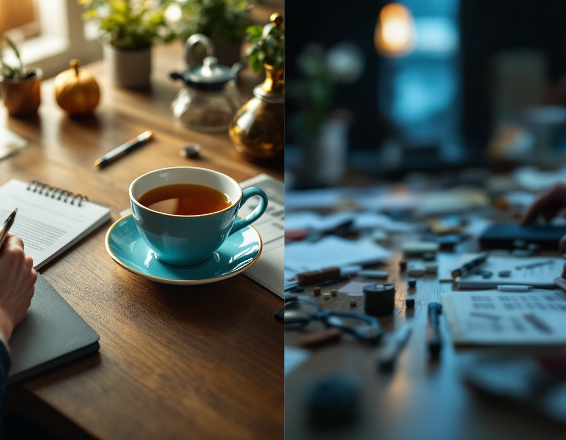 Split-screen conceptual image: left side shows a calm, organized workspace with a cup of tea; right side shows a blurred,