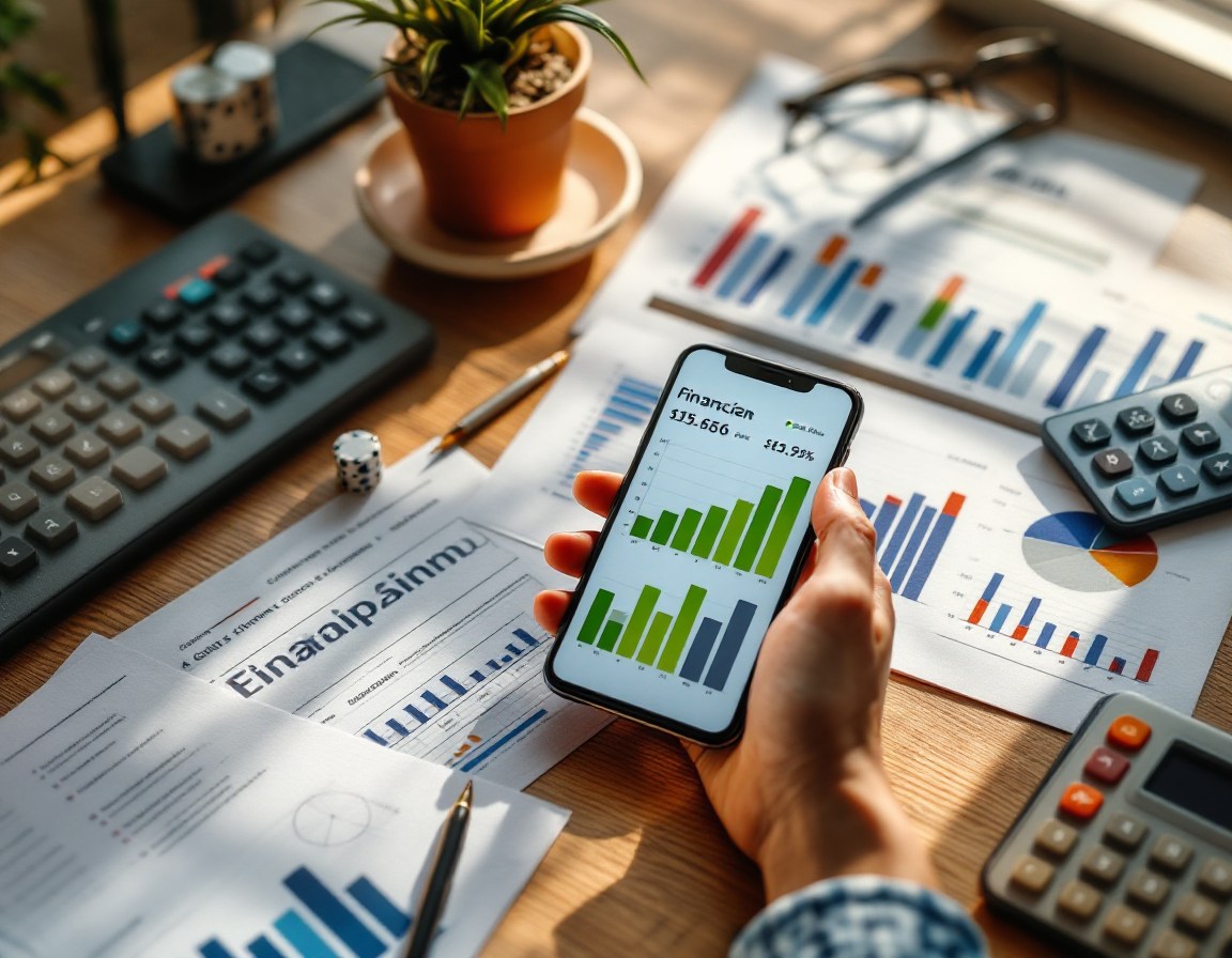 Overhead flat-lay composition of financial planning documents, calculator, and smartphone showing game statistics, warm desk