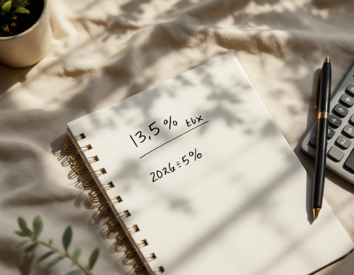 Overhead flat-lay of notebook with handwritten percentage calculations, calculator, and pen on neutral linen surface, warm