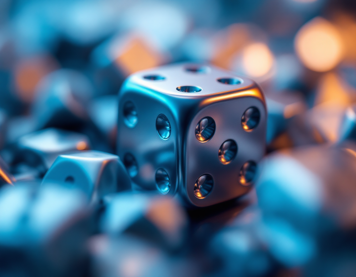 Abstract macro photography of dice or random number generator concept—blurred motion of geometric shapes in cool metallic