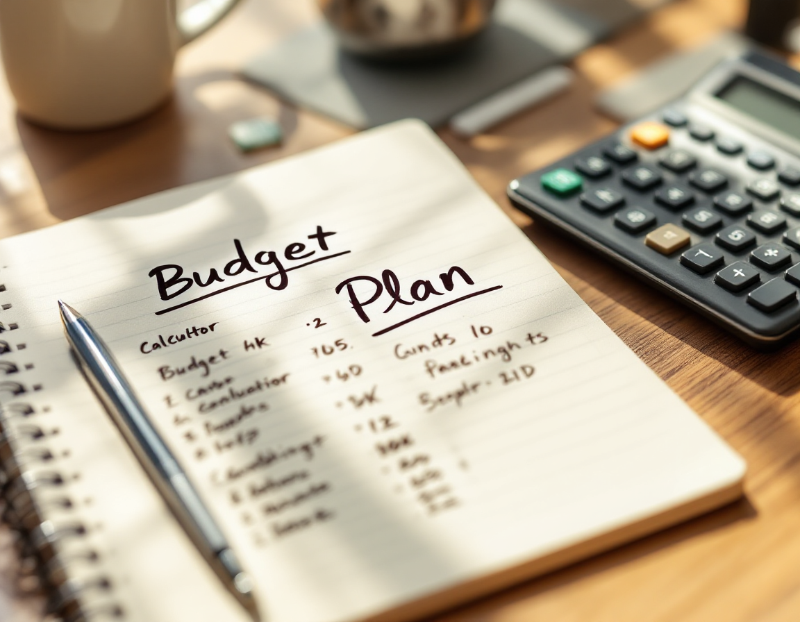 Close-up of a notebook with handwritten budget plan and calculator, soft natural window light casting subtle shadows,