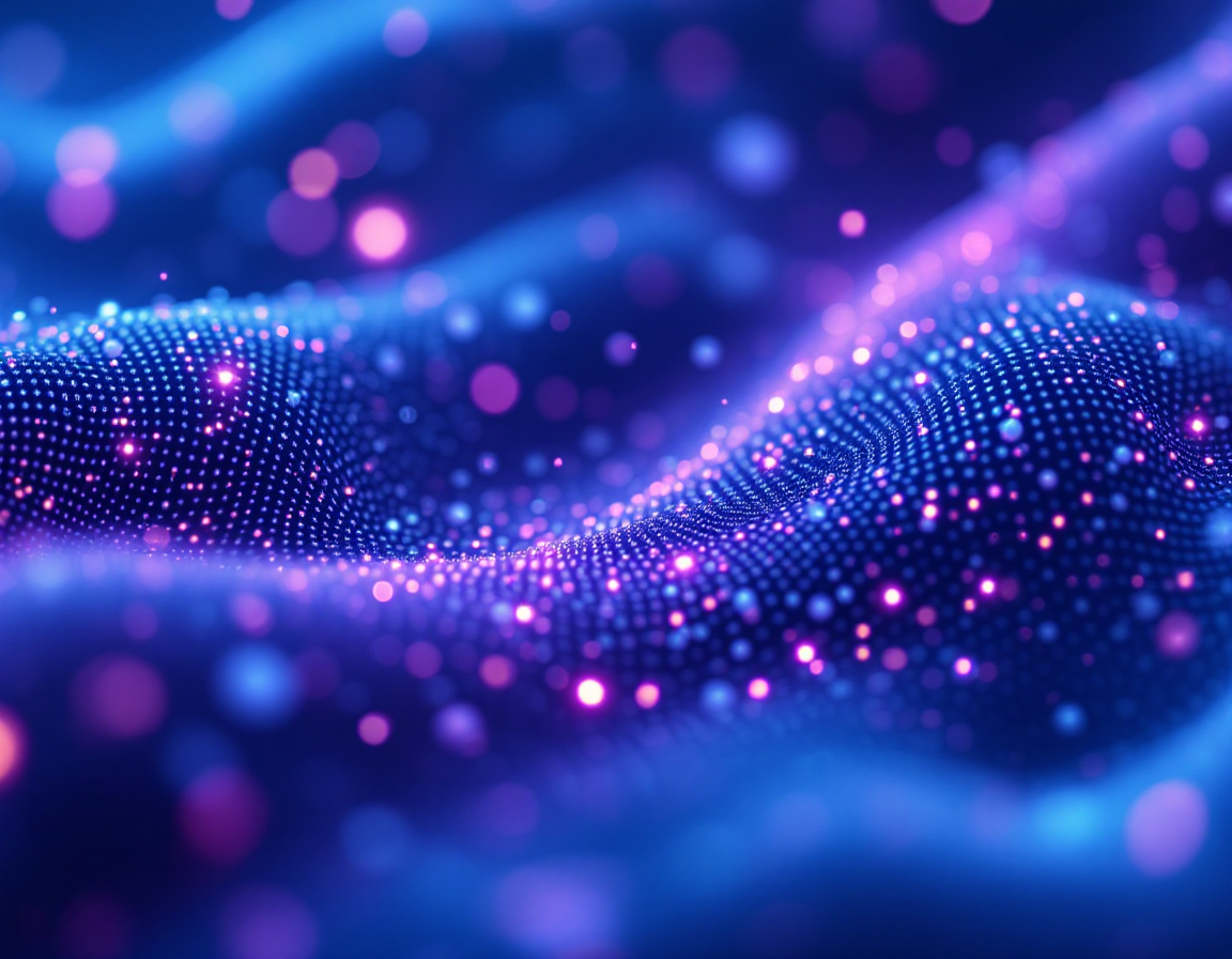 Abstract visualization of random number generation: flowing particles and digital nodes in soft blue and purple tones,