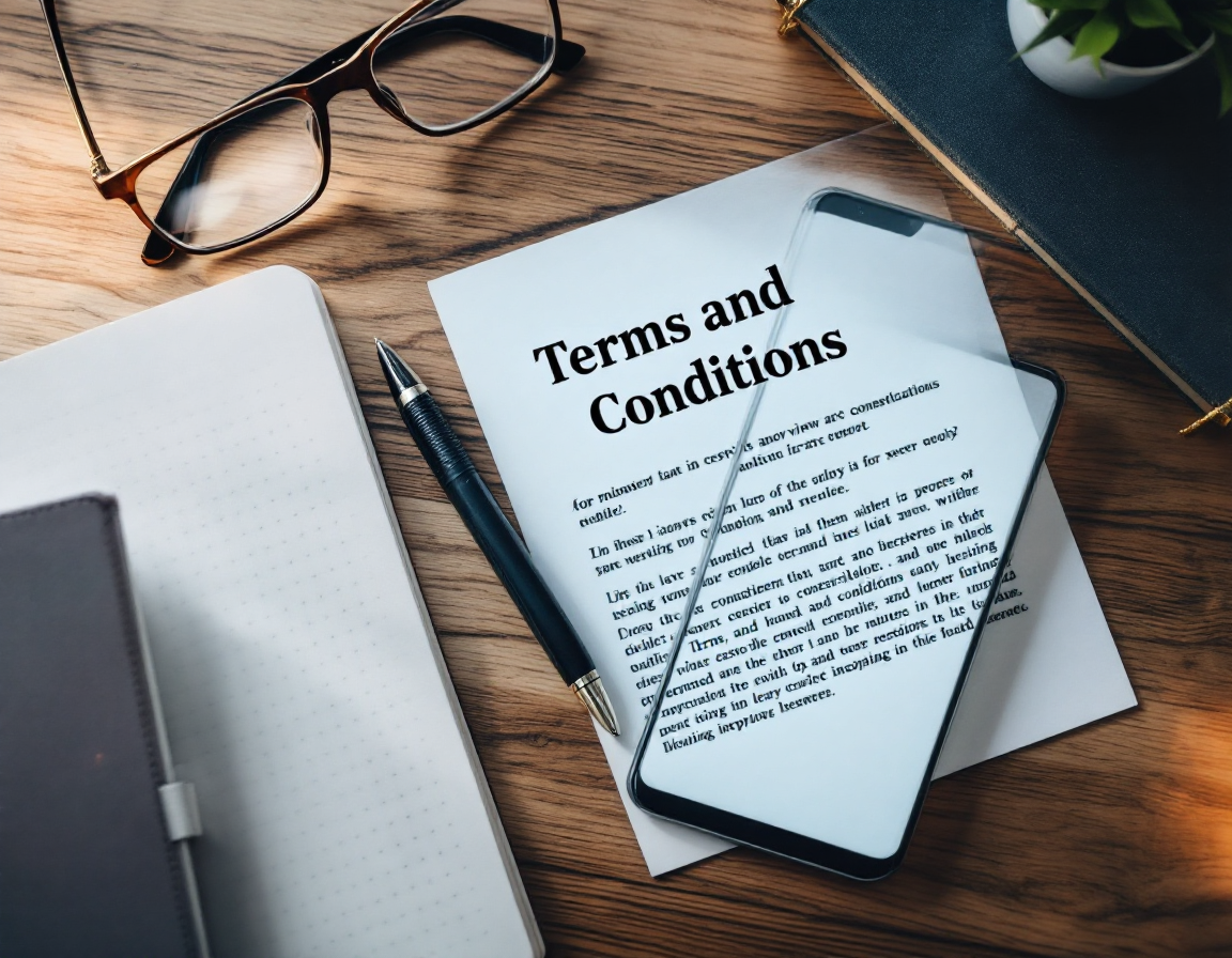 Overhead flat-lay of a smartphone displaying a terms and conditions document, surrounded by reading glasses, pen, and