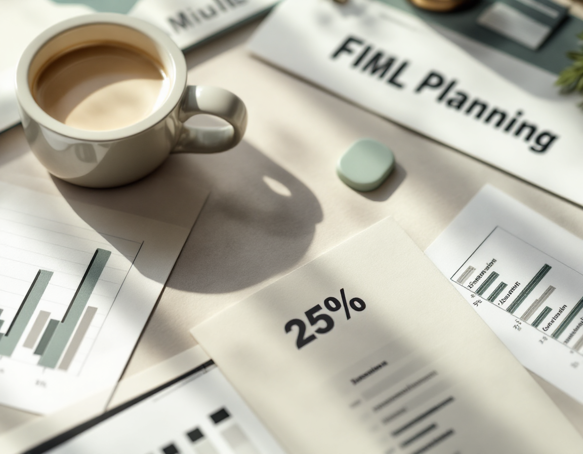 Overhead flat-lay of financial planning documents with percentage symbols and statistical charts, muted earth-tone color