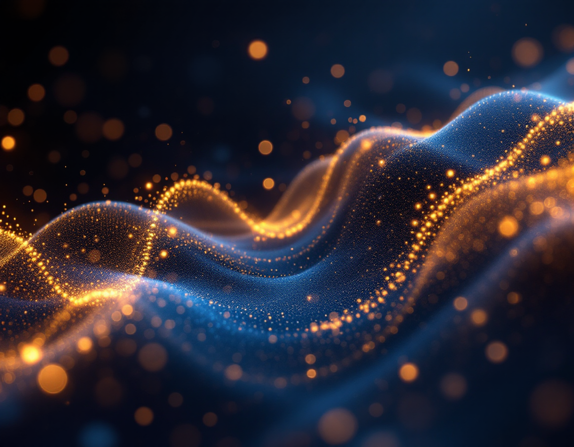 Abstract visualization of random number generation with flowing digital particles and probability curves, deep navy
