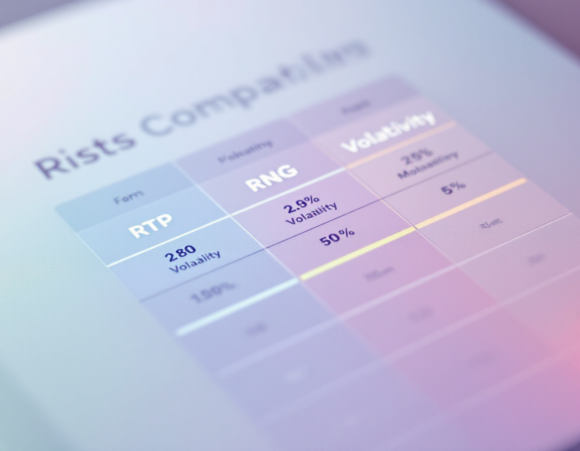 Comparison table visualization with three columns showing RTP, RNG, and volatility metrics, clean typography on soft