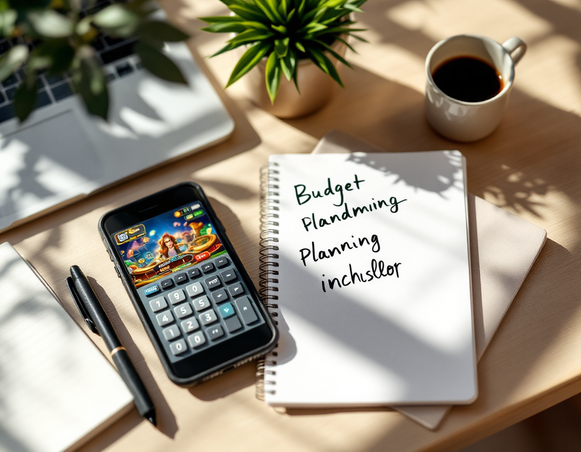 Overhead flat-lay composition of a notebook with handwritten budget planning notes, calculator, and smartphone showing game