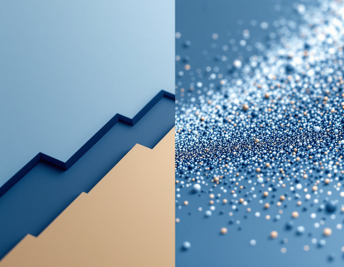 Split-screen conceptual image: left side shows ascending graph line (RTP concept), right side shows scattered random dots