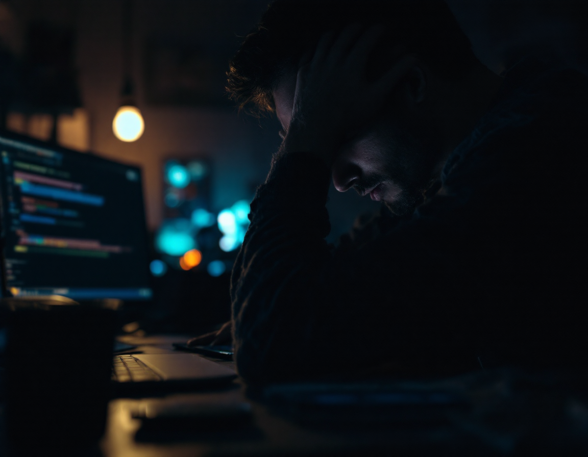 Moody interior scene of a person sitting at desk in dim ambient lighting, hand on forehead in contemplative pose, smartphone