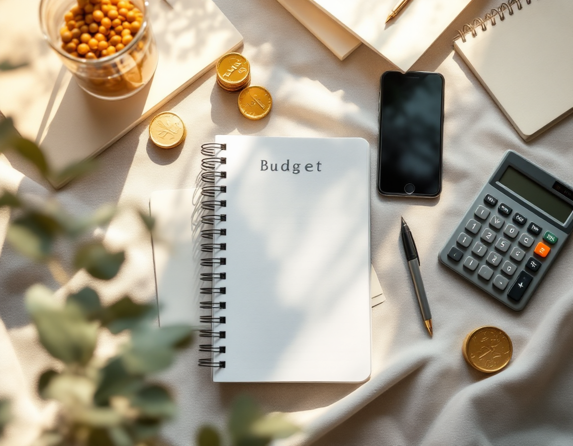 Overhead flat-lay composition of financial planning elements: notebook with budget notes, calculator, smartphone, and pen