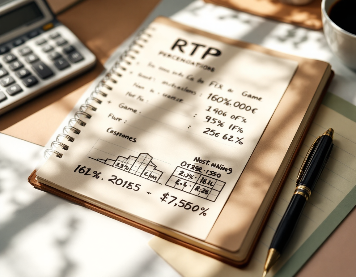 Flat lay of a notebook with handwritten notes about RTP percentages and game statistics, surrounded by a calculator and pen,