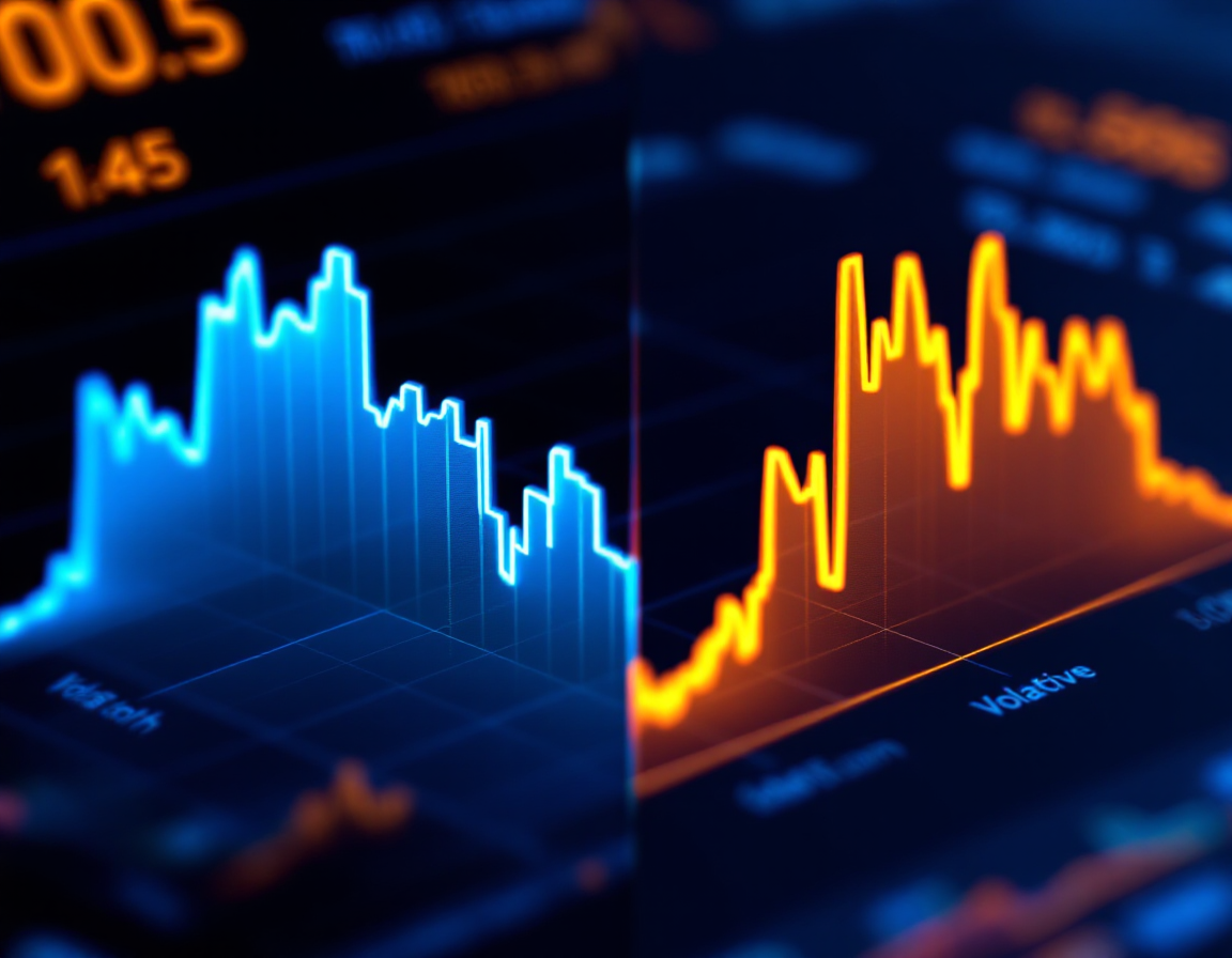 Split-screen comparison showing two different slot game volatility patterns: left side smooth gradual line, right side