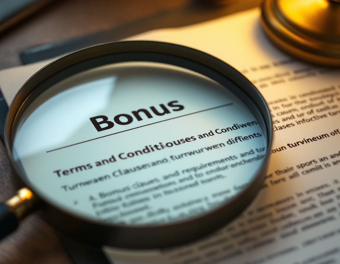 Close-up of a printed terms and conditions document with a magnifying glass highlighting specific bonus clauses and turnover